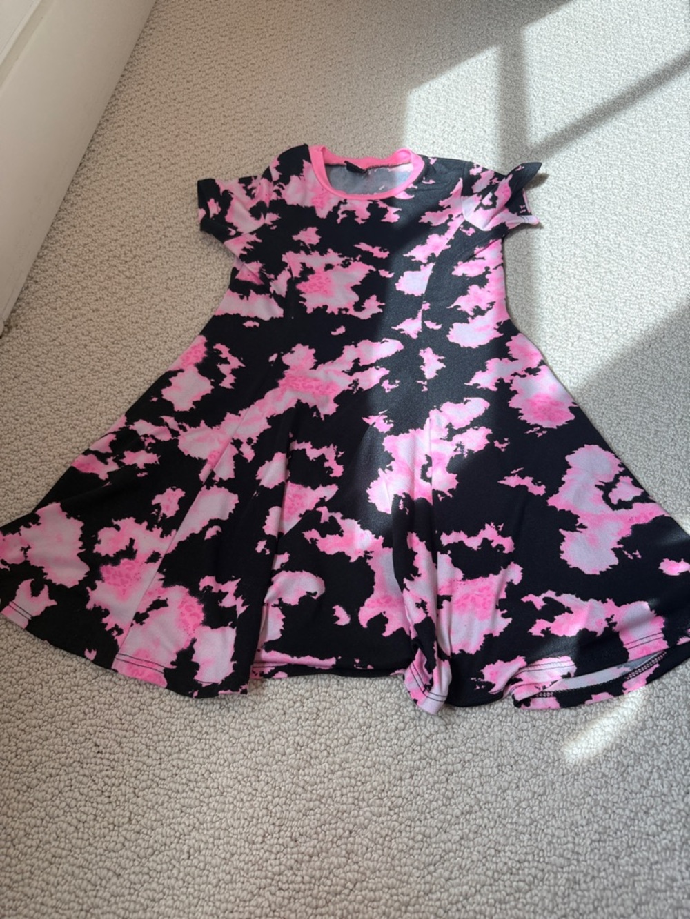 Pixielane Girls' Pink and Black Tie-Dye Swing Dress - Casual Short Sleeve